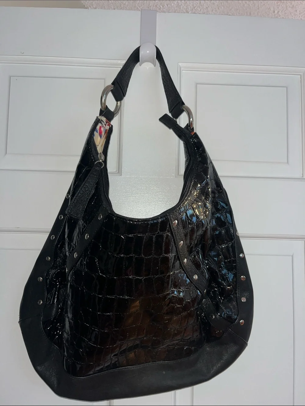 CHI Leather Black Croc-Embossed Large Hobo Bag